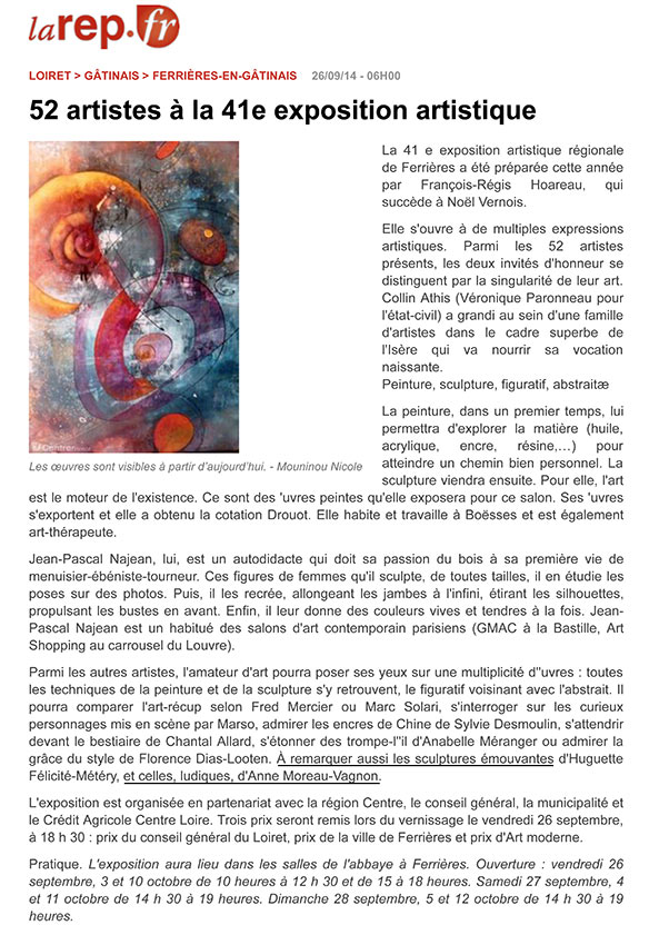 Article de La république du centre à propos de l'exposition artistique de Ferrières en Gatinais (2014)